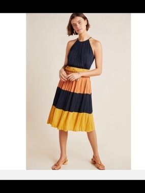 Anthropologie Striped Pleated Midi Skirt in Navy, Orange & Yellow